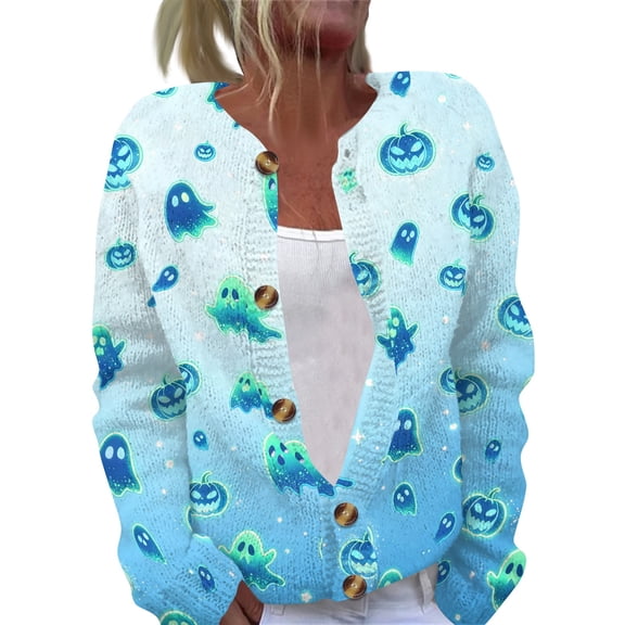 JULMCOMO Halloween Cardigan Sweaters for Women Knit Ghost Pumpkin Bat Print Button Down Casual Outfits Funny Print Holiday Costume Cardigan Light Blue M