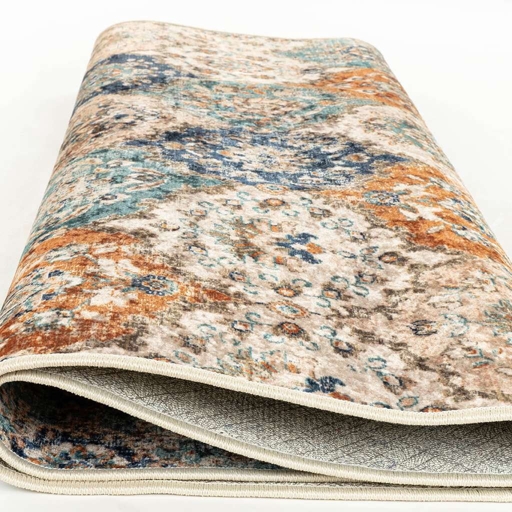 Alfa Rich 4x6 Area Rugs, Ultra-Thin Boho Blue Teal Beige Cream Rug, Non-Slip Machine Washable, Easy Clean, Pet Friendly Rugs