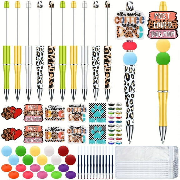 60Pcs Dog Mom Beadable Pens Kit Beaded Pens Diy Pen Making Kit 10 Silicone Beads for Pen Supplies Cute Pen Beads Bulk Office Present