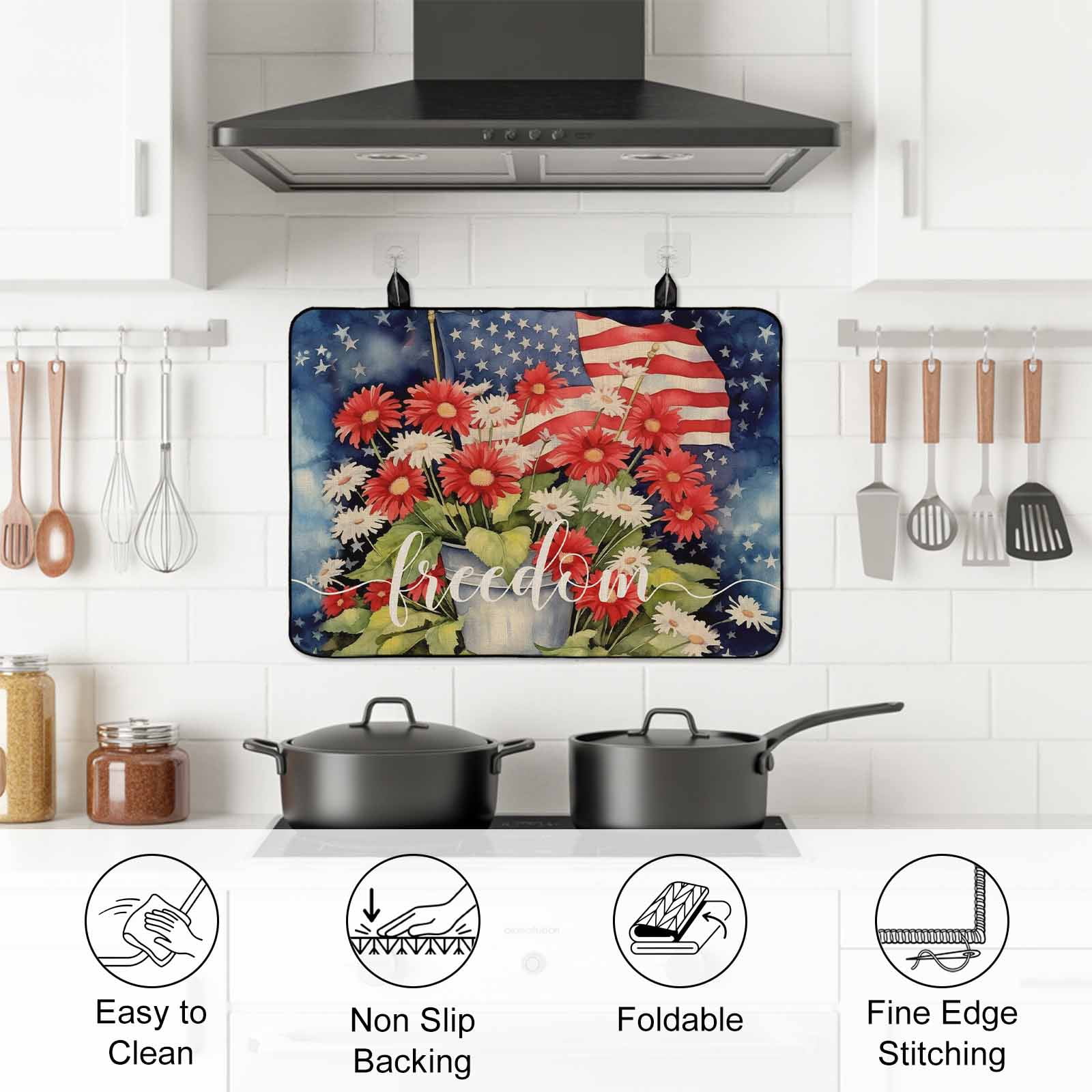 4th of July Stove Top Cover for Electric Stove, Heat-proof & Non Slip Glass Top Stove Cover Protector, Watercolor Floral Botanical American Flag Kitchen Flat Cooktop Rubber Mat 24x21 Inches