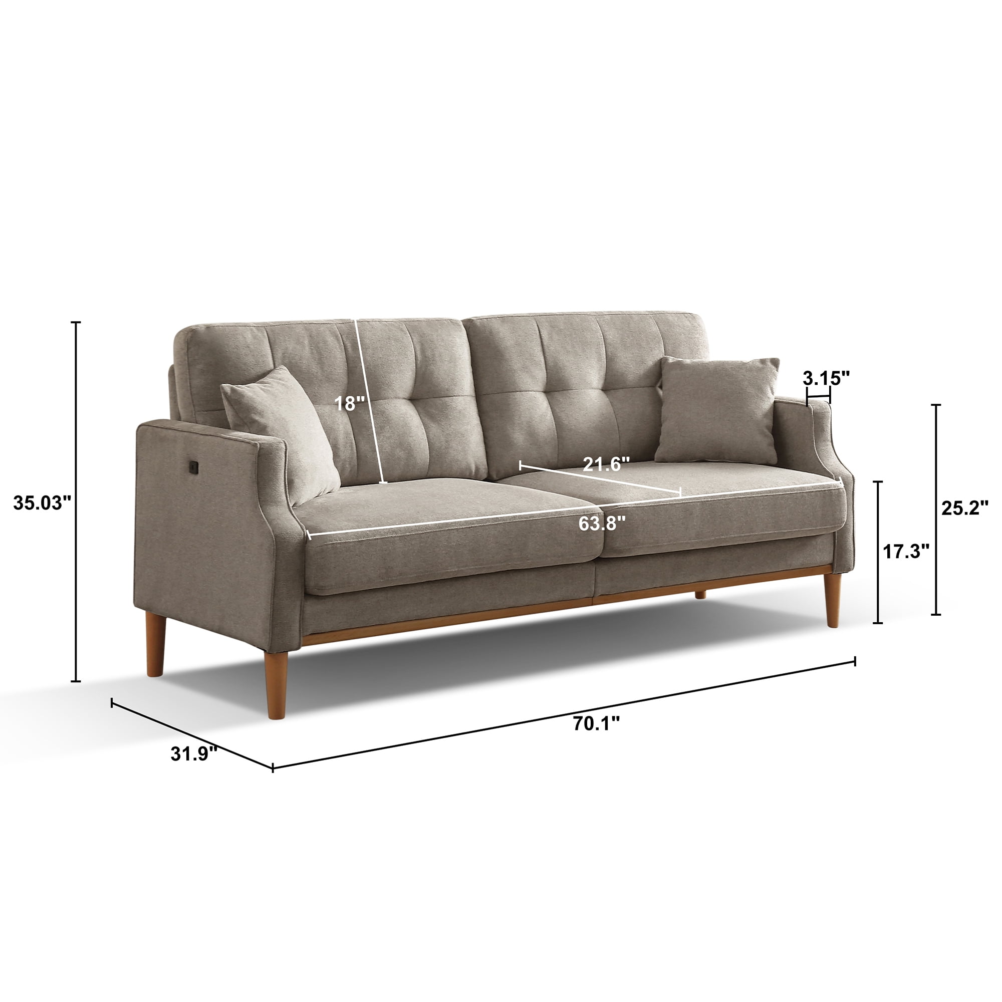 MAYEERTY 3-Seater Gray Sofa with USB Charging, Waterproof Fabric, High-Density Foam Cushions, for Living Room or Apartment
