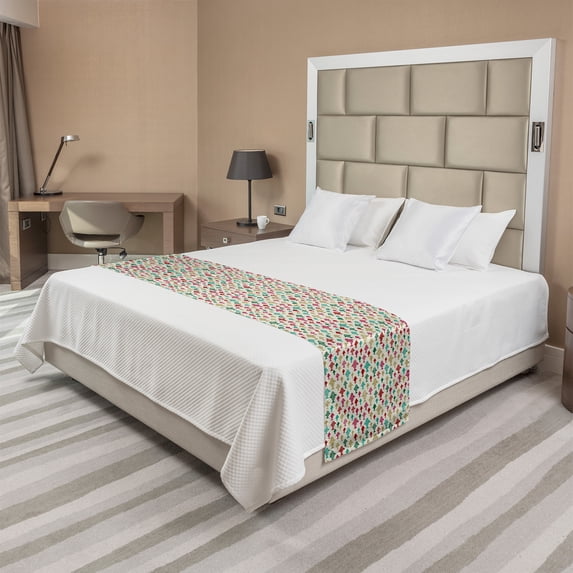 Fish Bed Runner, Underwater Elements with Ornamental Stripes or Dots Marine Themed Pattern, Decorative Accent Bedding Scarf for Hotels Homes and Guestrooms, King, Eggshell and Multicolor, by Ambesonne