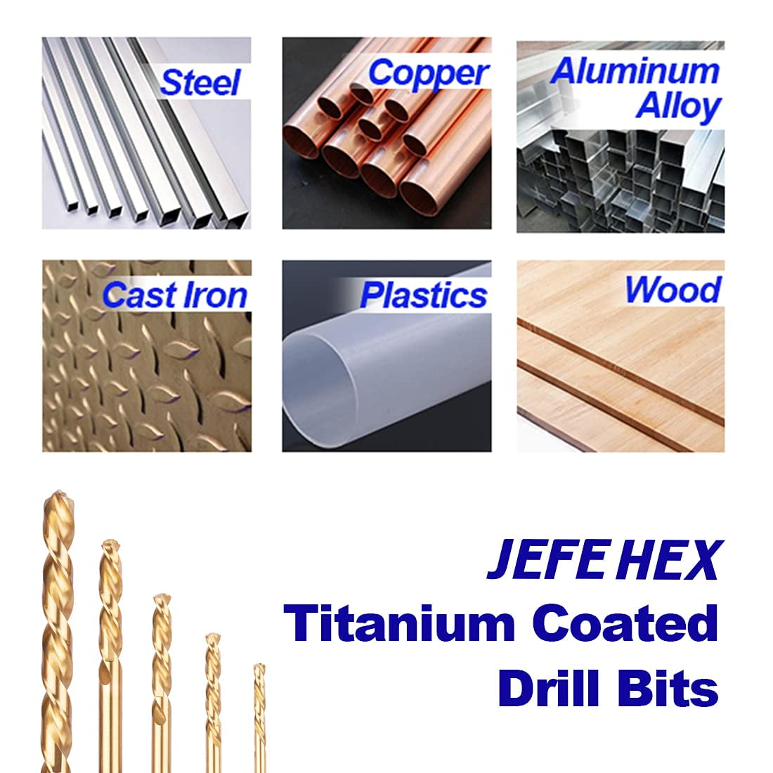 JEFE HEX 1/4" HSS Twist Titanium Drill Bits, Hex Shank for Quick Change (Pack of 6)