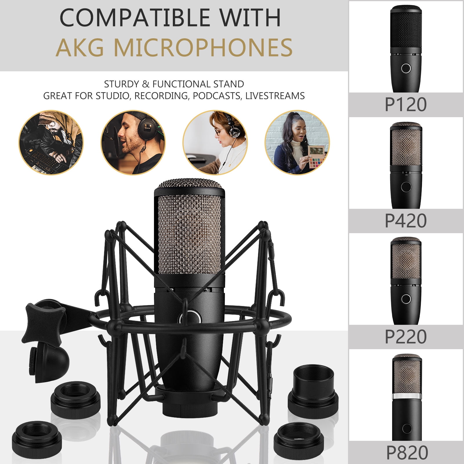 Geekria for Creators Microphone Shock Mount Compatible with AKG P120, P220, P420, P820 Mic Anti-Vibration Suspension Adapter Clamp Mic Holder Clip (Black / Metal)