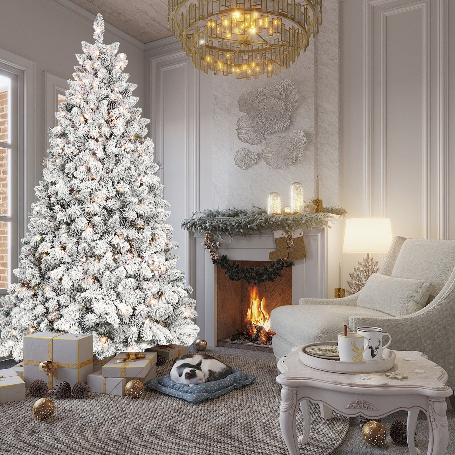 6ft Snow Flocked Christmas Tree with 486 Tips 24 Pine Cones Hinged Branches Metal Stand Indoor Decor
