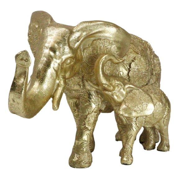Royal Gold Mandala Ornate Design Elephant and Calf with Trunks Up Figurine