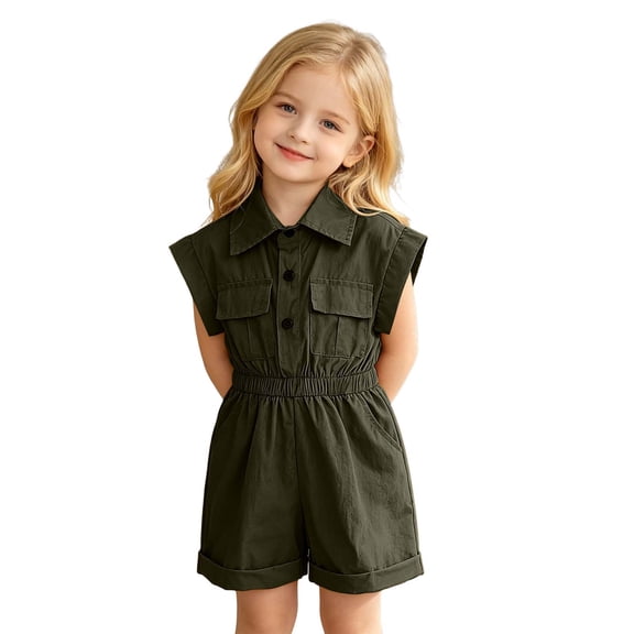 OSOLU Kids Girls Rompers Sleeveless Solid Color Button Up Lapel One Piece Short Jumpsuit Summer Casual Outfit 2-13Y