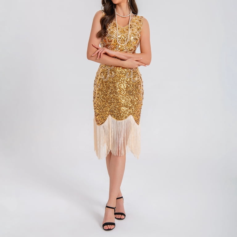 TAIAOJING Plus Size Vintage Dresses Fringed Personality Sequin Beaded  Tassels Hem Flapper Dress For Women