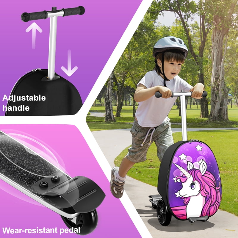 EAYSG 2-in-1 Kids Scooter Luggage with LED Lights,Ride-On Carry-On Suitcase for Children Ages 5-12, Foldable, Lightweight Travel Suitcase,Purple