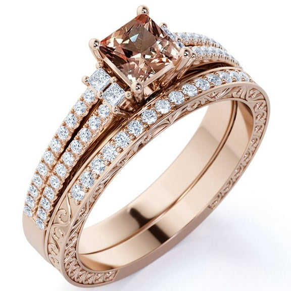JeenMata 2 Carat Princess Cut created morganite Wedding Set - Bridal Set - Wedding Trio Set - Split Shank Ring - Art Deco Ring - 18k Rose Gold Over Silver