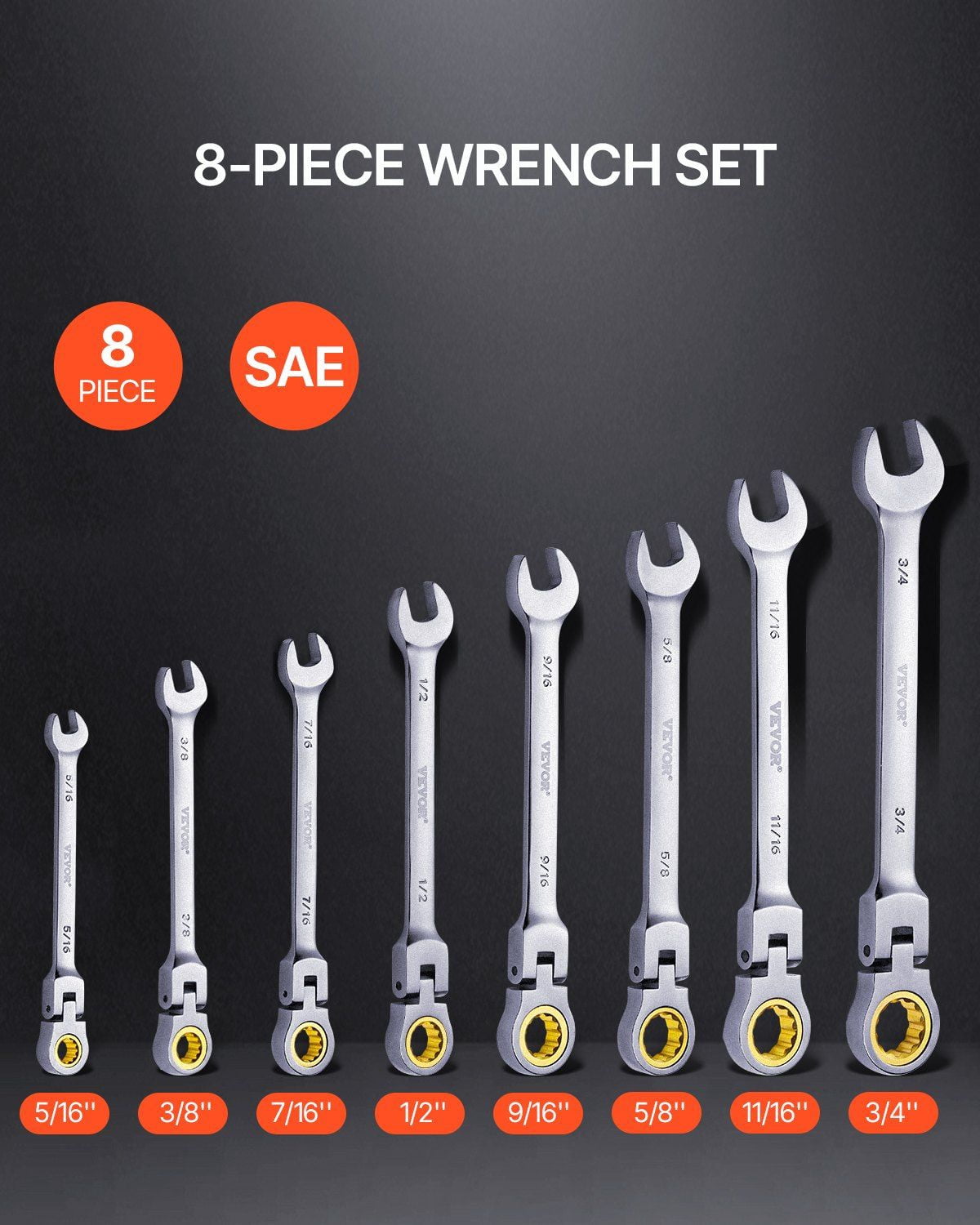 8 Piece Cr V Steel Flex Head Ratcheting Wrench Set SAE 5 16 to 3 4 Inch with Roll Up Pouch for Household Workshop Garage