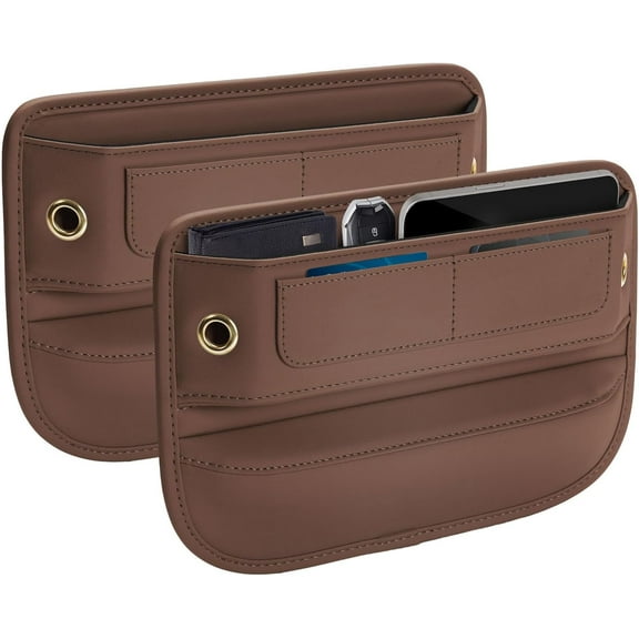 Premium Leather Seat Gap Filler Organizer, Universal Fit Car Accessories for Women/Men Interior, Center Console Organizer With Card Slots for SUV Truck (Brown, 2 Pack)