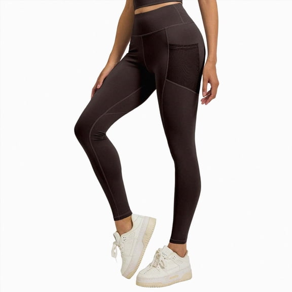 Mnuaqn High Waisted Yoga Pants for Women Running Workout Mesh Leggings Side Pockets Squat Proof Tummy Control Coffee for Size M