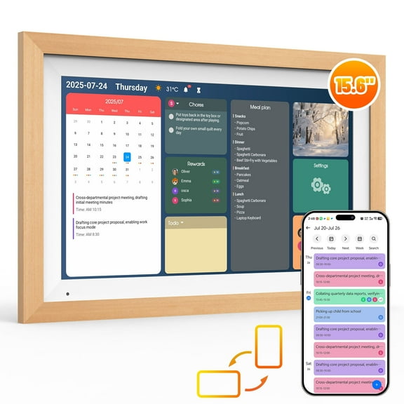 AEEZO Wifi15.6" Smart Digital Calendar  – 1920×1080 Full HD Touchscreen Family Planner & Calendar with Chore Chart & Meal Planner, Wall-Mountable,Black  Wooden Frame