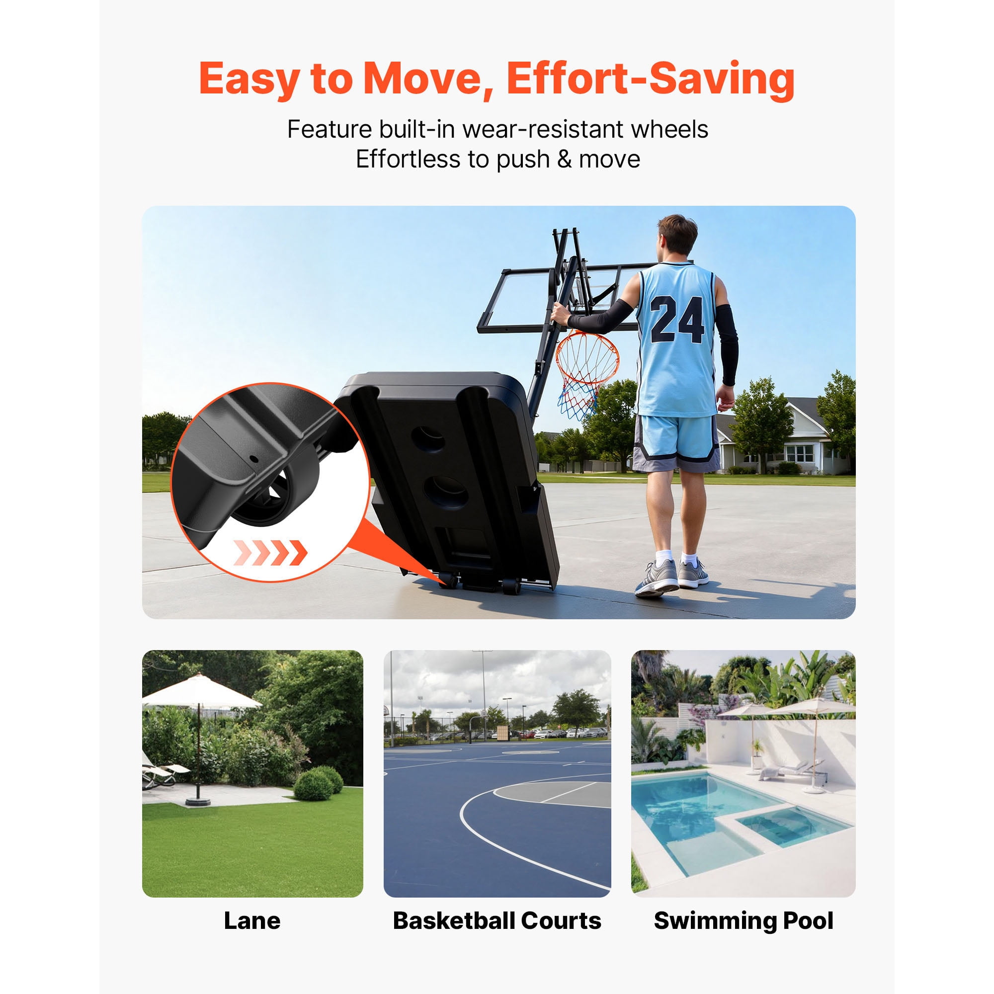 KFFKFF Adjustable Portable Basketball Hoop, 5.25 to 10 ft Height Range, 44-inch PC Backboard with Wheels, Ideal for Kids, Teens, and Adults in Driveways or Poolside Games