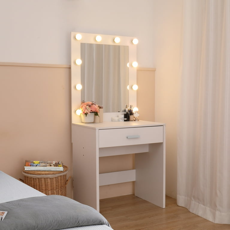 Makeup Vanity Table FCH Single Drawer Dresser with Light Cannon and Large Mirror White Warm Light