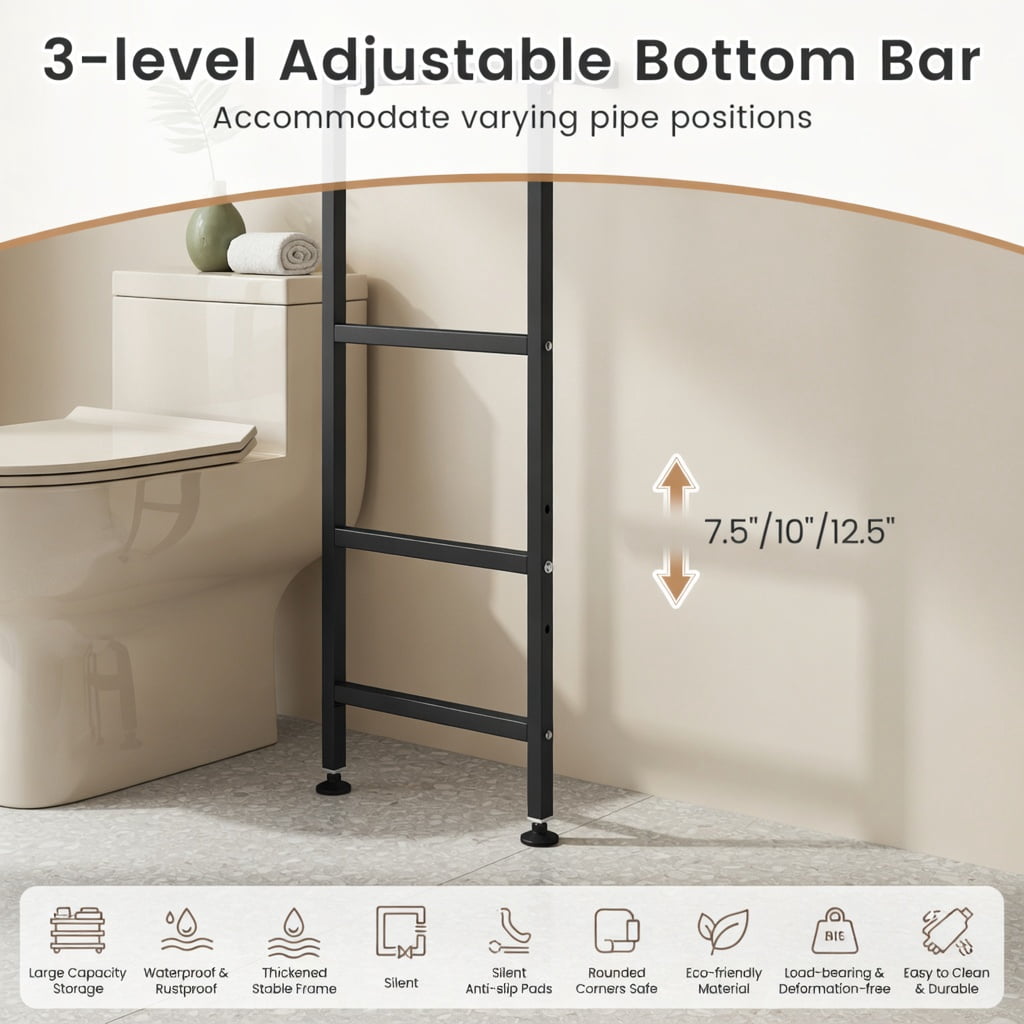 Hommoo Over the Toilet Storage Cabinet with Flip-Up Doors, 2-Tier Bathroom Organizer for Shampoo & Toiletries, Space-Saving Steel Frame with Adjustable Feet & Wall Anchors, Black
