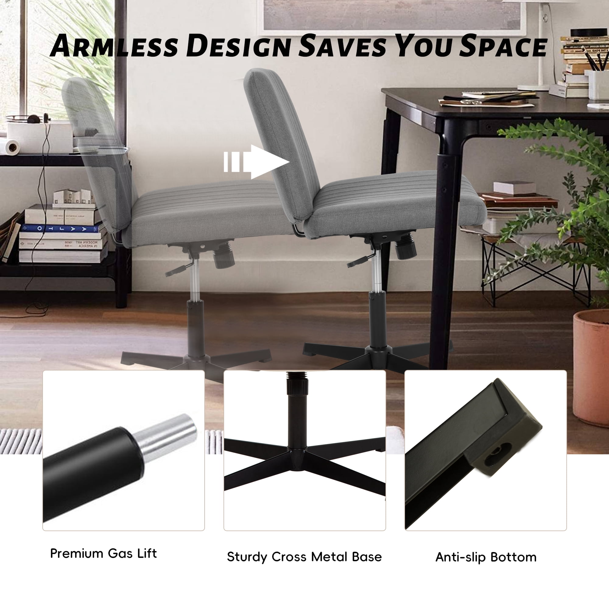 CL.HPAHKL Criss Cross Chair, Height Adjustable Comfy Computer Task Seating Modern Makeup Vanity Chair with Back No Wheels Armless Fabric Wide Desk Chair for Bedroom, Home Office (1, Grey)