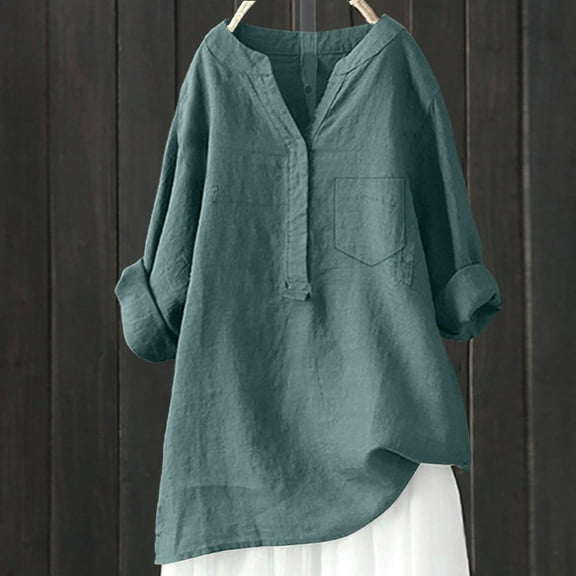 Fall Outfits For Women 2025 3/4 Sleeve Cotton Linen Shirt, Oversized V Neck Summer Vacation Top, Jute 1pc, Green 2XL, Size S-5XL