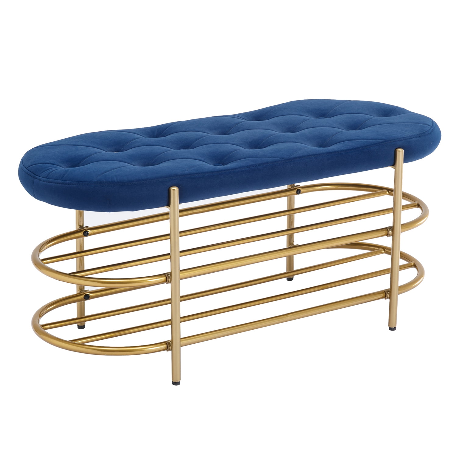 Kadyn Upholstered Velvet Beach, End of Bed Bench with 2 Shelf, Storage Beach for Living Room, Entrance, Navy