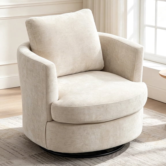Shaiaield 32" Beige Swivel Accent Chair with a Large Throw Pillows,Chenille Single Couch Chair with 360°Swivel Base,Barrel Accent Chairs for Living Room