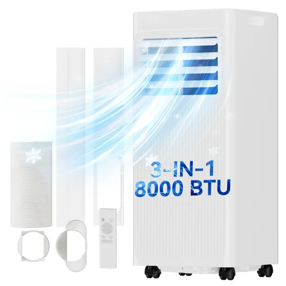 Akires Portable Air Conditioner 8000 BTU Ashrae, 3-in-1 AC Unit for Room with Remote, 350 Sq.Ft, 24H Timer, Window Kit for Bedroom
