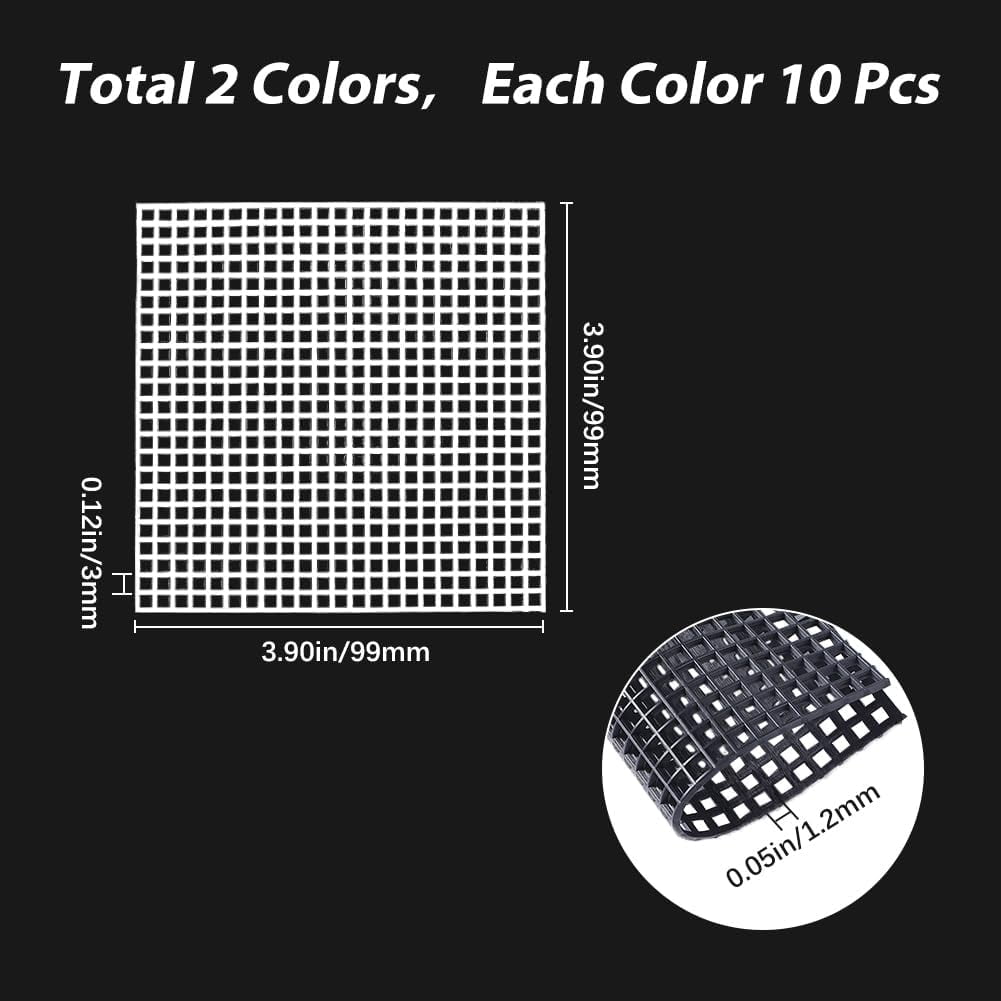 20Pcs Plastic Canvas Sheets 10x10cm Plastic Mesh Sheets White Black Needlepoint Canvas Flexible Mesh Screen Fabric Mat for Embroidery Crafting Knit Crochet Cross-Stitch DIY Yarn Crafts