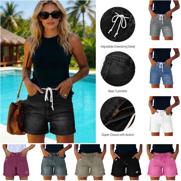 QATAINLAV Denim Shorts for Women Summer High Waisted Stretchy Shorts Ripped Holes Frayed Jeans Casual Short Pants with Pockets Blue XL