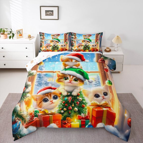 jejeloiu Christmas Festival Bedding Comforter Set,Cute Pet Cat Twin Comforter Sets,Merry Xmas Tree Bedding Set For Child,Microfiber Bedroom Decor Reversible,2-Piece