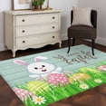 thumbnail image 4 of Rectangle Area Rug 4x6ft, Happy Easter Bunny and Eggs Non-Shedding Washable Area Rug, Spring Grass Daisy on Teal Wood Plank Non Slip Low-Profile Rugs for Living Room, Bedroom Dining Room, 4 of 9