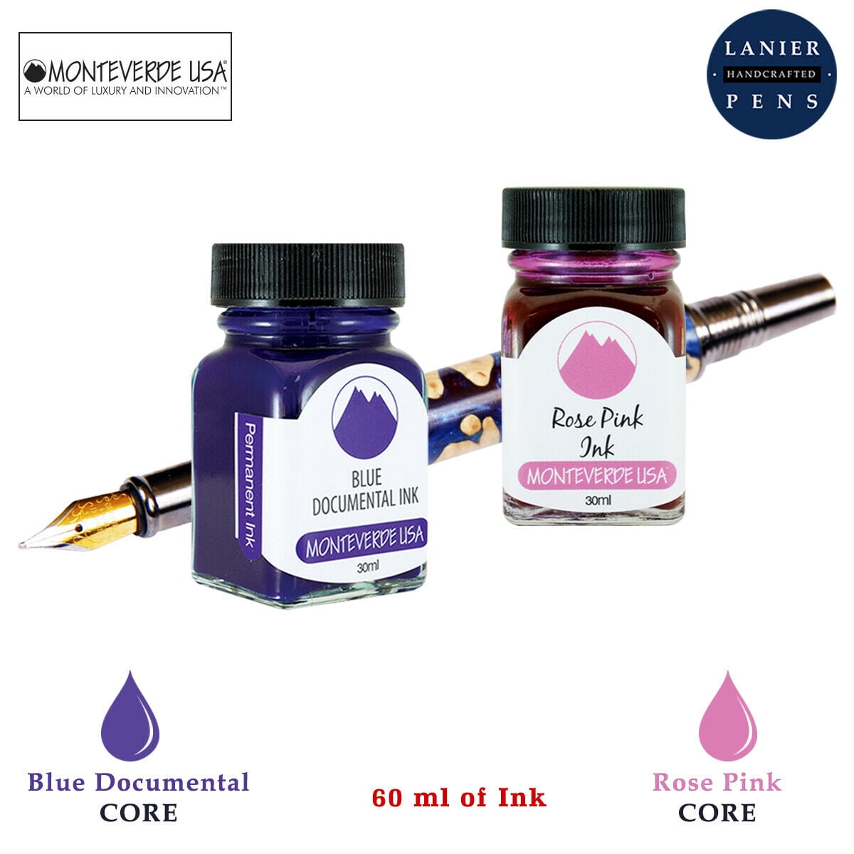 Monteverde 60ml Core Fountain Pen Ink Bottle (30ml Blue Documental Ink Bottle G309DU, 30ml Rose Pink Ink Bottle G309RP)
