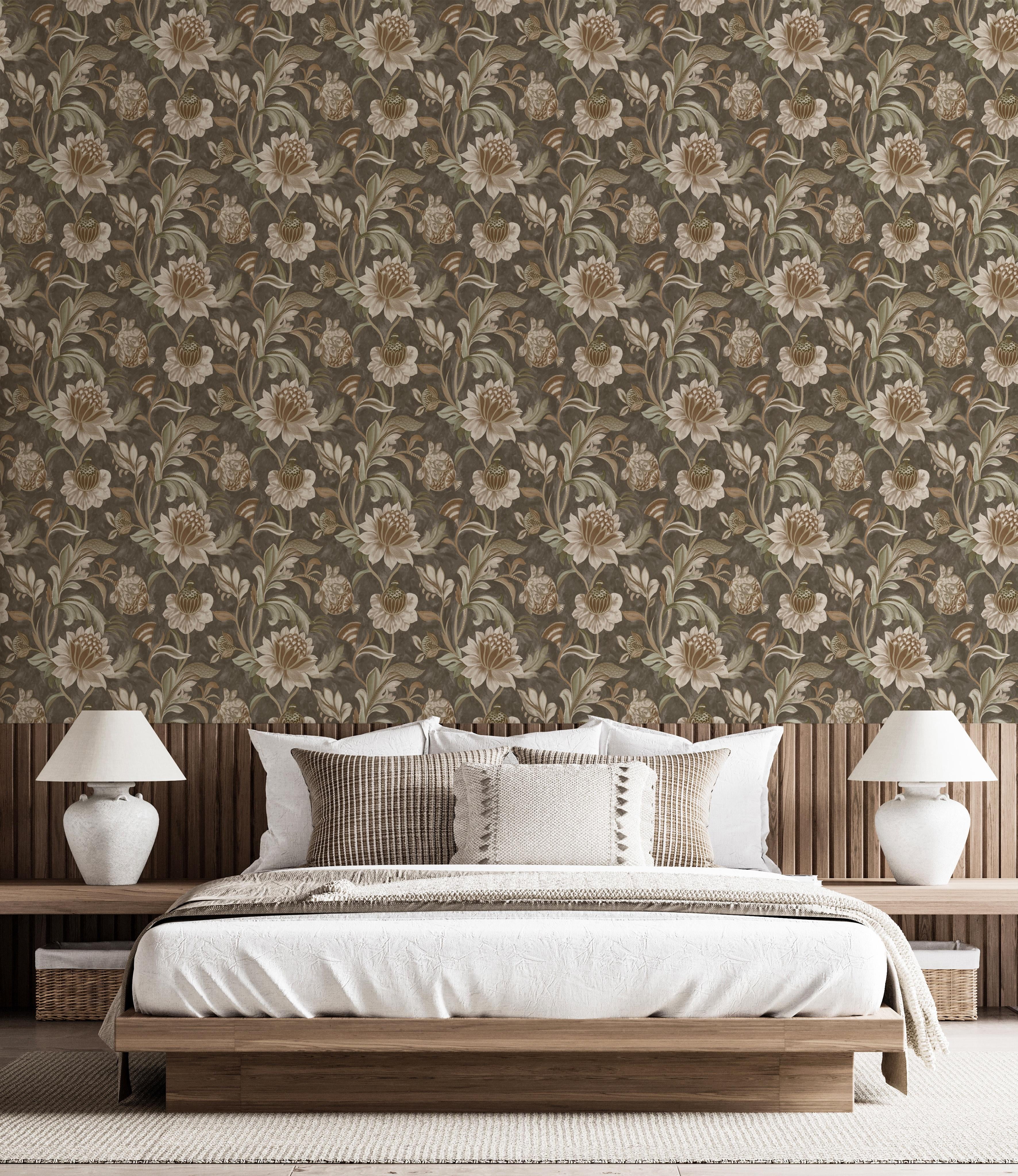 Charcoal Rust Grey Jacobean Style Floral Wallpaper