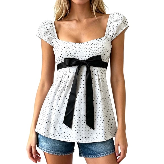Womens T-shirts Square Neck Short Sleeve For Slim Fit Button Tee Summer Bowknot Solid Color Shirts Casual Tunic Tops