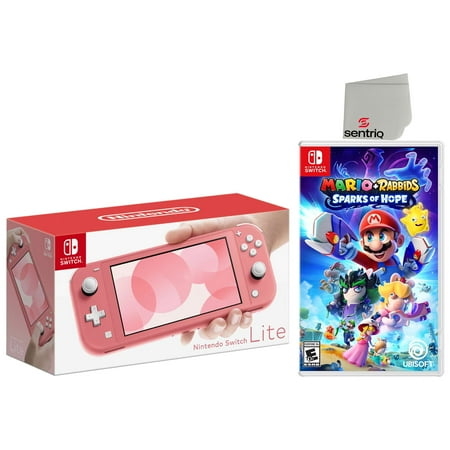 Nintendo Switch Lite 32GB Coral Edition and Mario + Rabbids Sparks of Hope Bundle - Japan Import with US Plug with Screen Cleaning Cloth