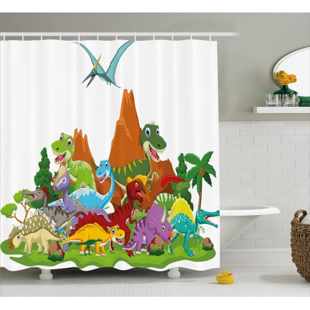 Dinosaur Shower Curtain, Funny Friendly Dinosaurs in Cartoon Style and ...