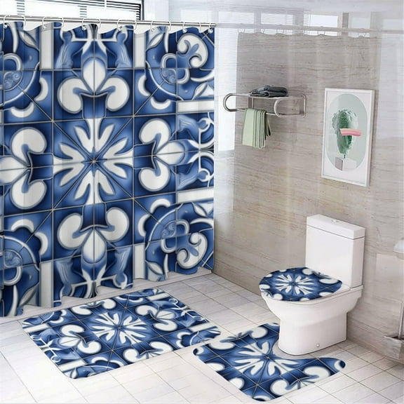 Mineral Blue Mediterranean 4 Pcs Bathroom Shower Curtain Set, Bathroom Sets with Rugs (Bath Mat, U Shape and Toilet Lid Cover Mat) and 12 Hooks,