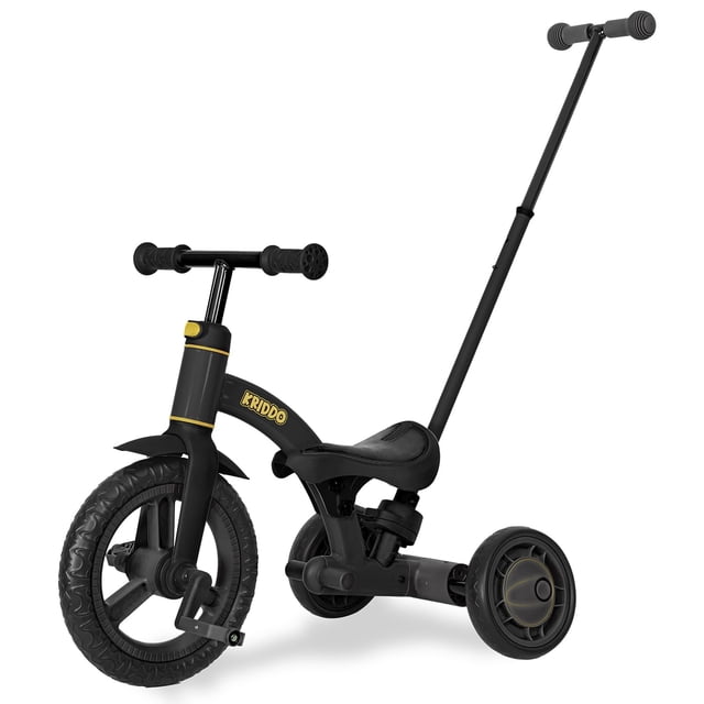 Triciclo para niños KRIDDO 4 en 1 con mango de empuje y rueda de 12 pulgadas, color negro