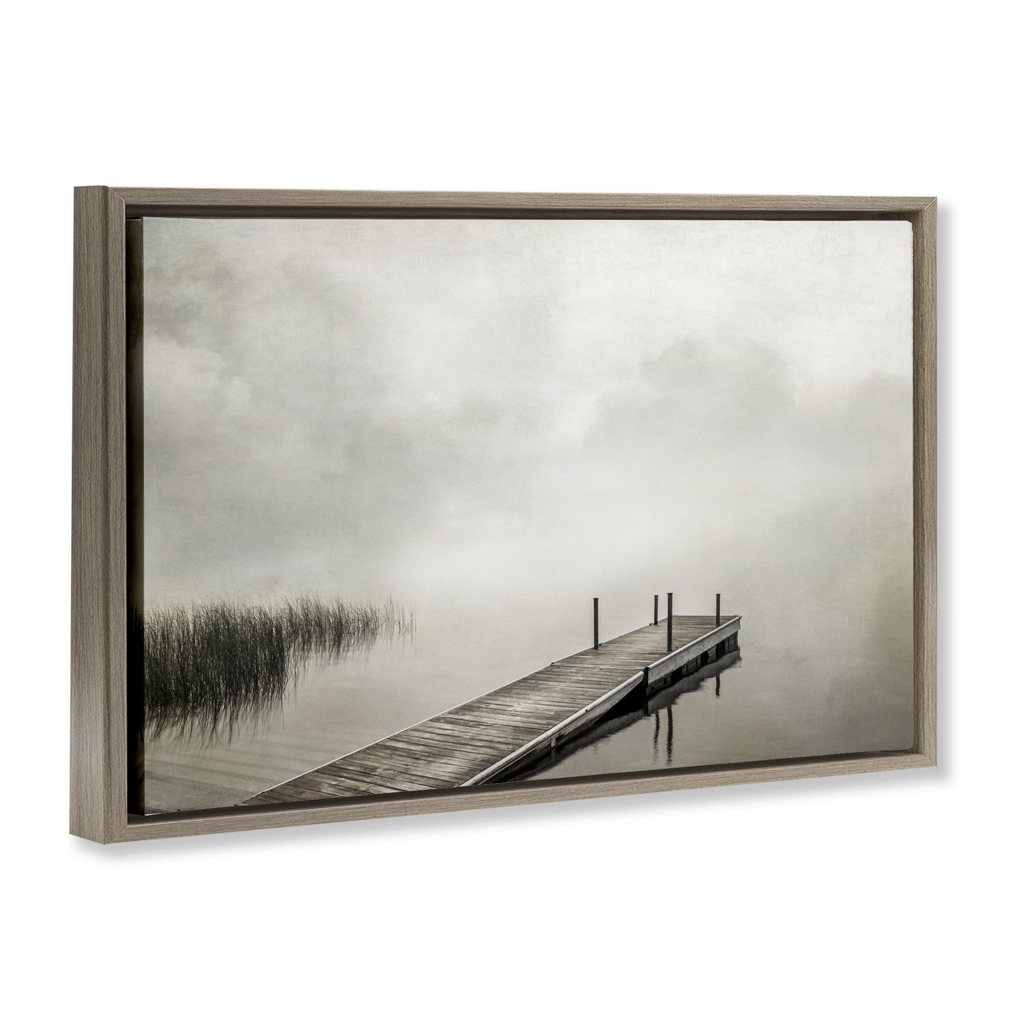 Stupell Industries Mysterious Foggy Lake Dock Landscape & Nature Photography Brown Floater Framed Canvas Art Print Wall Art, 25 x 17
