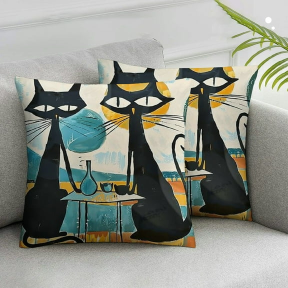 JRXY Black Cat Retro Atomic Cushion Covers Set of 2, Mid Century Halloween Throw Pillow Covers for Modern Living Room Decor, Various Sizes Available 12x12in