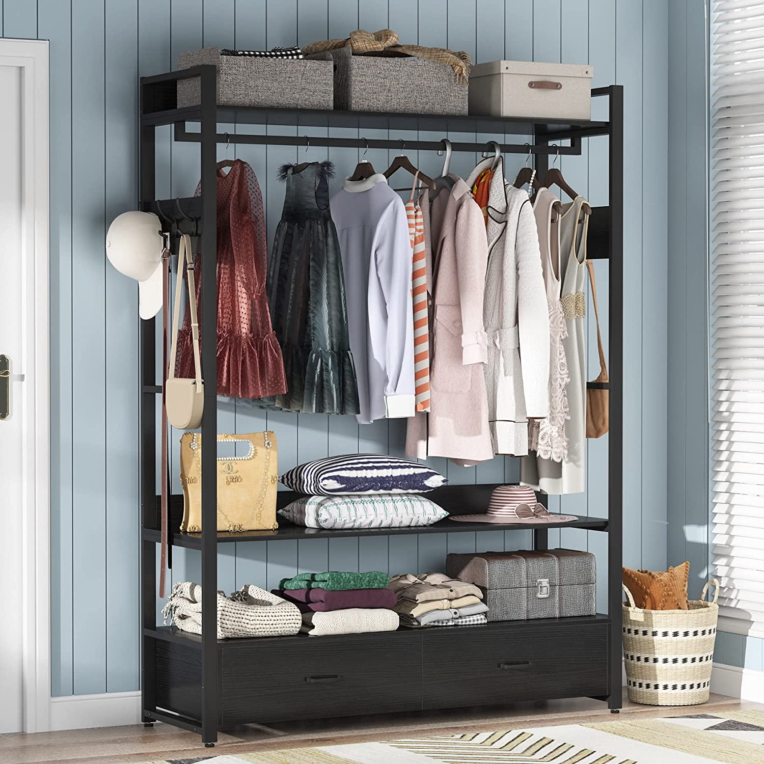 CADUKE Clothes Rack with Drawers, Freestanding Tall Closet organizer, Small  Clothes Garment Rack with Rod Industrial Free Stand Closet Storage Rack