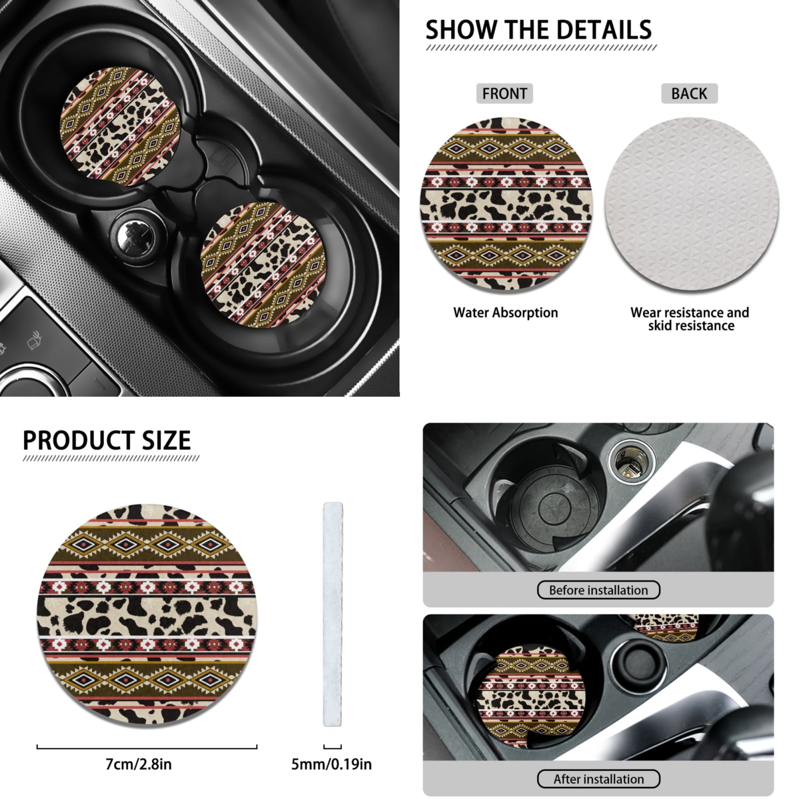 Renewold American Tribal Cow Print Red Beige Car Seat Cushion Cover Full Set 11 PCS, with Steering Wheel Cover Cup Coasters Handbrake Protector Gear Shift Knob Cover Headrest Covers Universal Fit