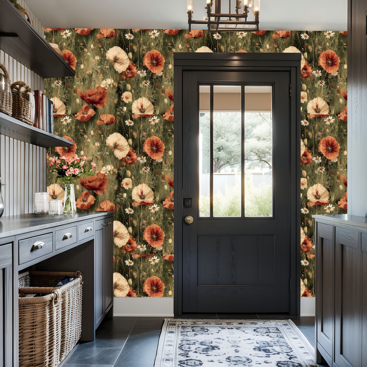 Peel and Stick Wallpaper Vintage Flower Field White Red Blooms Wall Mural 17.7in x 9.8ft Self Adhesive Removable Wall Paper Renter Friendly Wallpaper for Nursery Bedroom Cabinets