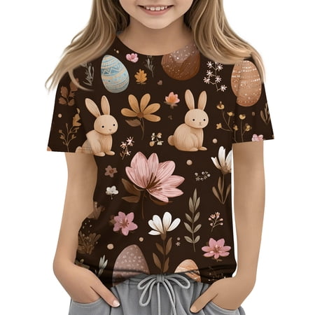 LTTVQM Girls 2026 Easter Shirts Short Sleeve Funny Eggs Bunny Graphic Tshirts Comfortable Crewneck Blouses Trendy Clothes Light Gray 3-4 Years