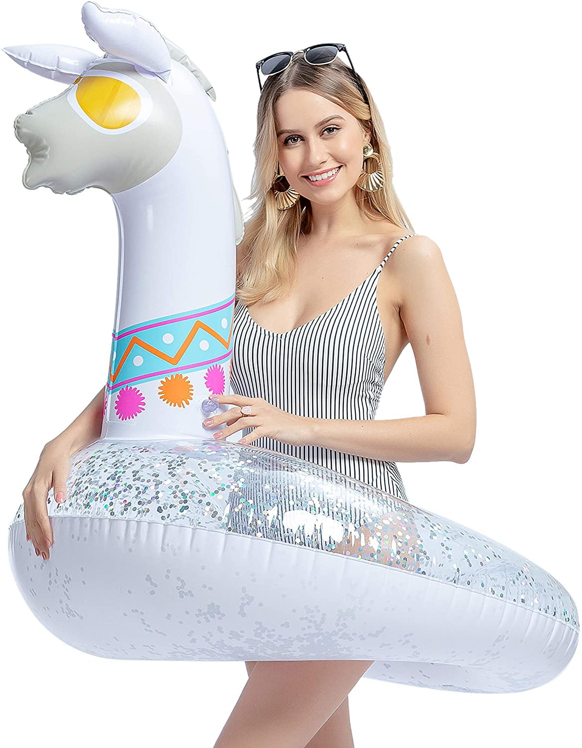 JoyX Inflatable Llama Pool Float with Glitters, Pool Tubes, Fun Beach Floaties, Swim Party Toys