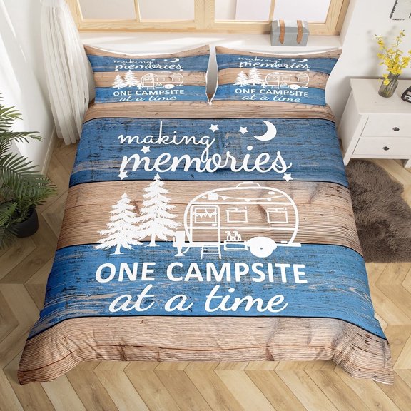 Camper Bedding Set Men Camping Themed Duvet Cover Travel Trailers RV Camping Car Comforter Cover King Wood Planks Country Blue Ombre Art Quilt Cover Camper Accessories Inside Khaki (No Comforter)