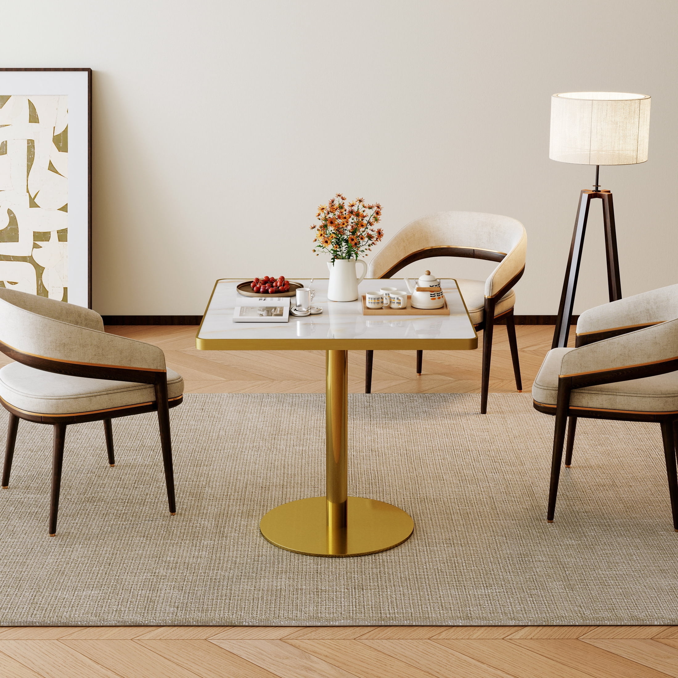 Noble House 31.5" Square Dining Table with Faux Marble Top, Luxury Bistro Table with Stainless Steel Legs, White & Gold