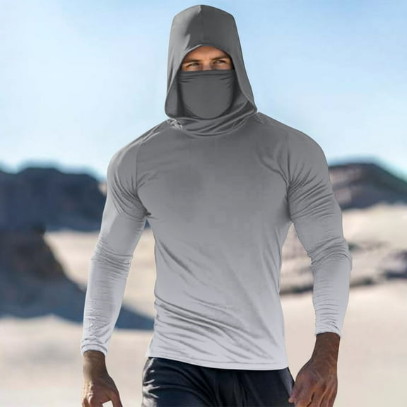 Qgtaibl Men's M Pullover Sun Hoodie with Built-In Face Mask Rash Guard Long Sleeve Cooling UV Protection Fishing Shirt Summer Tops (Dark Gray)