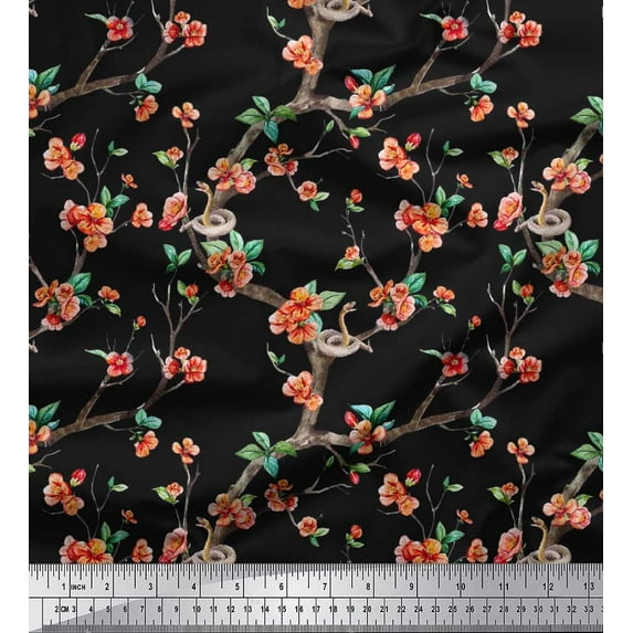 Soimoi Moss Georgette Fabric Snake,Leaves & Blossom Floral Decor Fabric Printed Yard 42 Inch Wide