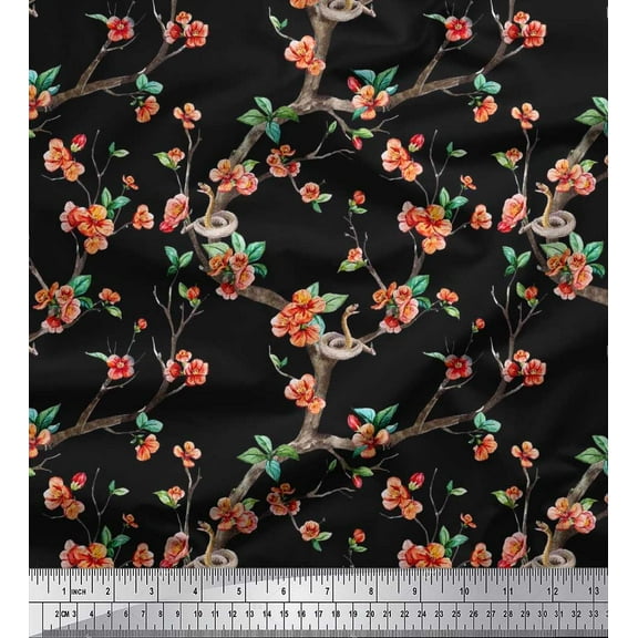 Soimoi Cotton Duck Fabric Snake,Leaves & Blossom Floral Print Sewing Fabric Yard 42 Inch Wide