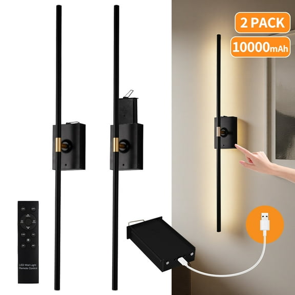 Battery Operated Wall Sconces Set of 2, Detachable Wireless Wall Lamps 360 ° Rotate, 10000mAh Rechargeable Wall Lights for Bedroom, Living Room,3000-6500K Dimmable, 32 Inch Black and Gold